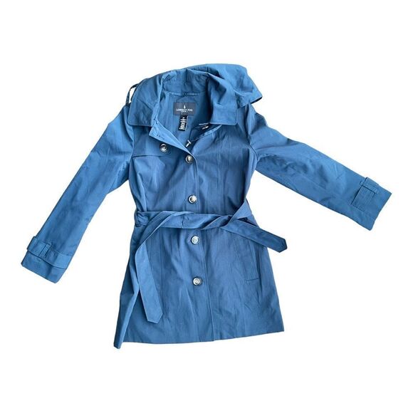 LONDON FOG Teal Blie Trench Coat Tie Waist Short Size Small Hood EUC - Picture 5 of 8